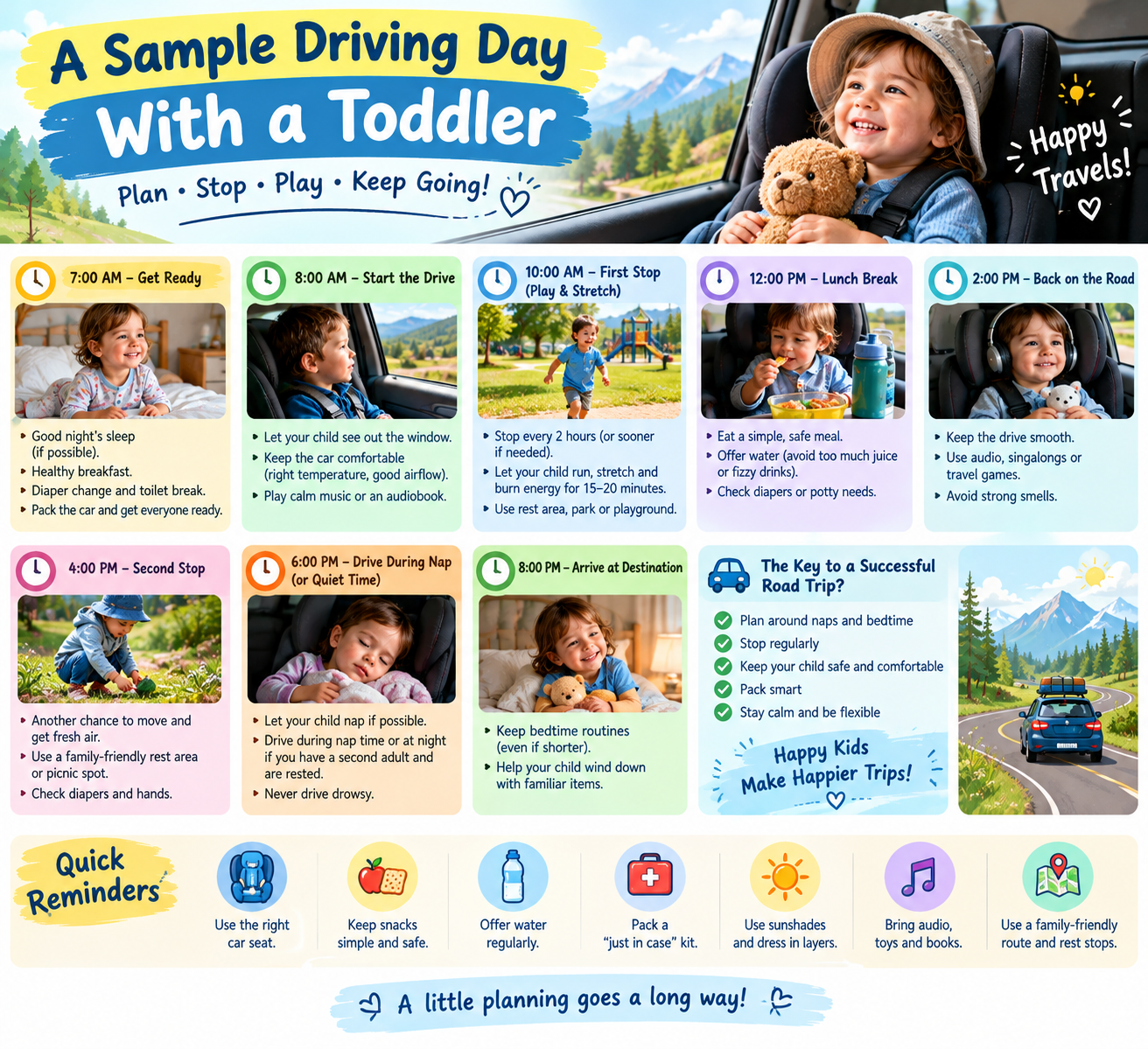 Toddler in a car seat holding a soft toy while looking out the window on a road trip